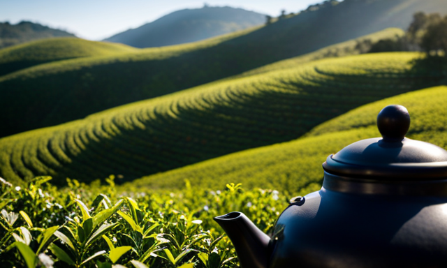 An image showcasing a serene tea plantation nestled amidst the rolling green hills of South Africa