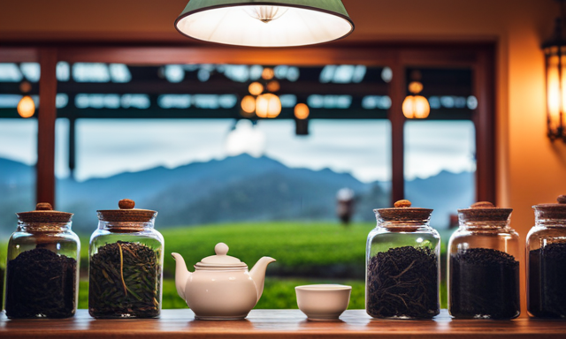 An image showcasing a serene, rustic tea shop surrounded by lush tea plantations, with an assortment of colorful, neatly arranged oolong tea leaves in large, ornate jars, evoking a sense of abundance and freshness