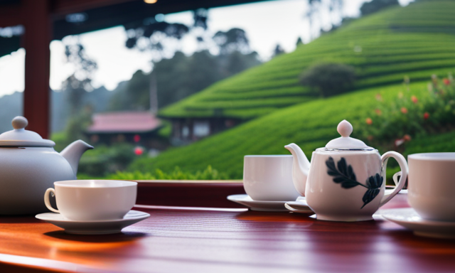 An image showcasing a serene teahouse nestled amidst lush tea gardens, with intricately designed teacups, teapots, and aromatic Oolong tea leaves on display, inviting readers to explore local tea shops for their Oolong tea fix