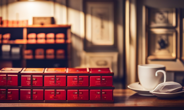 An image featuring a cozy wooden shelf, lined with neatly arranged rows of vibrant red Rooibos tea boxes, enticingly displayed in a local tea shop in Columbus, Ohio
