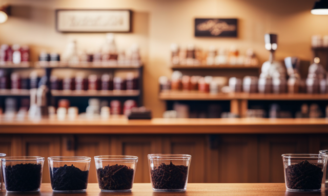 An image showcasing an inviting local tea shop with a cozy atmosphere, adorned with shelves neatly stacked with various brands and flavors of vibrant Rooibos tea boxes, enticingly displayed near a welcoming counter