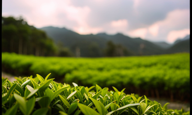 An image showcasing a serene tea garden, with rows of vibrant green oolong tea plants stretching towards the horizon
