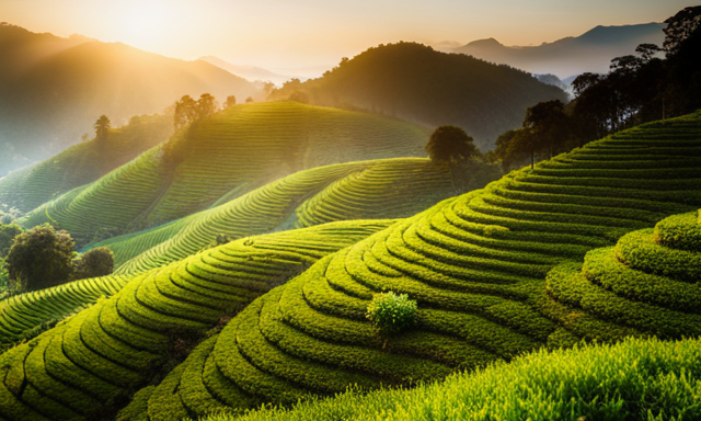 An image showcasing a serene mountainside tea plantation, with neatly arranged rows of lush green oolong tea bushes