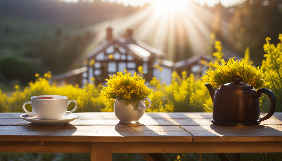 An image showcasing a tranquil countryside scene with a quaint, rustic teahouse nestled amidst vibrant gorse flowers