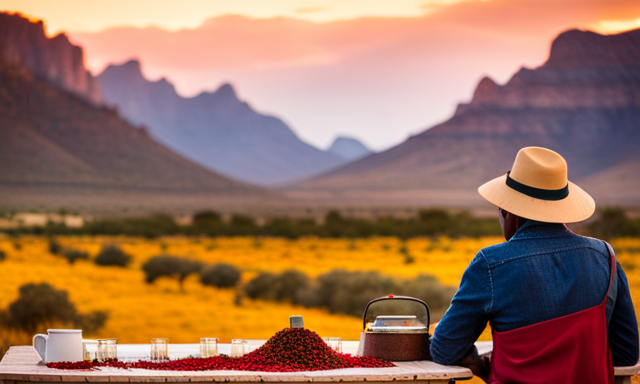 An image showcasing a serene African landscape with the iconic Cederberg Mountains as a backdrop, where a local farmer's market is bustling with vibrant displays of freshly harvested Rooibos leaves, ready to be transformed into the rich, ruby-red tea