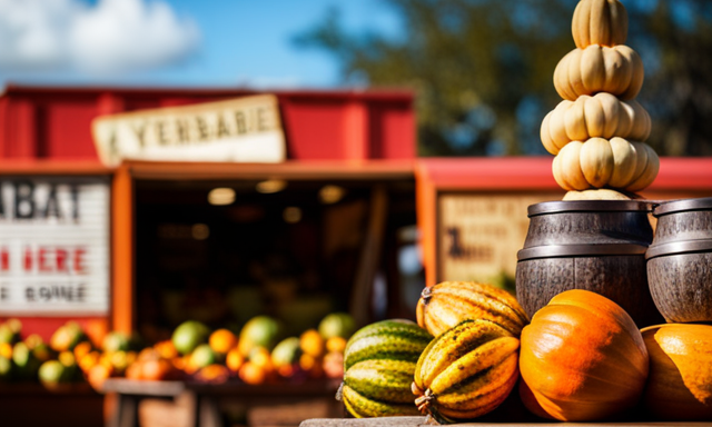 An image that showcases a vibrant market stall in Okeechobee, FL, adorned with colorful gourds filled with yerba mate, enticingly displayed next to a sign indicating "Yerba Mate Sold Here