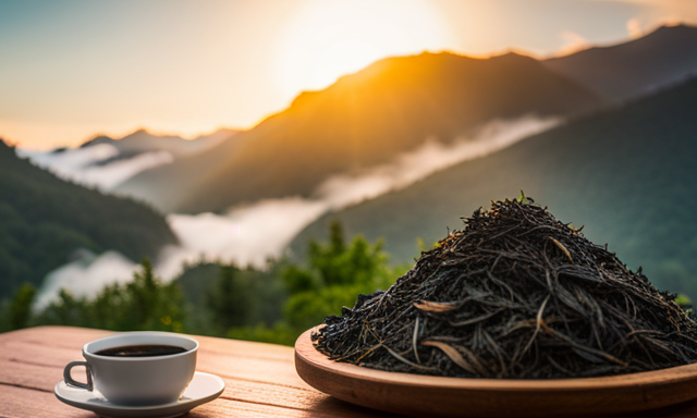 An image showcasing a serene, traditional teahouse nestled amidst lush mountains