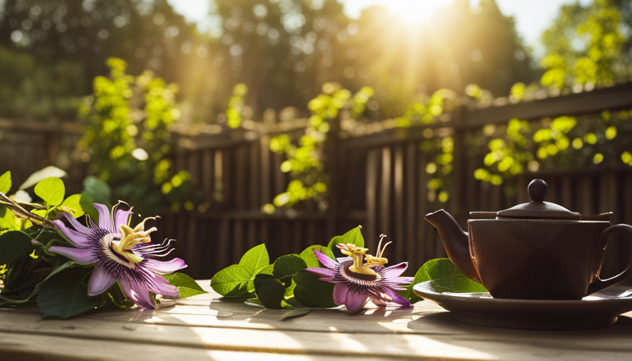 An image showcasing a serene, sun-drenched herb garden, with vibrant passion flower vines climbing up a rustic wooden trellis