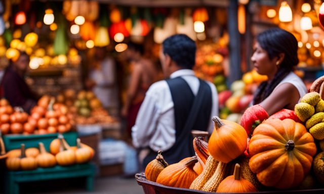 An image showcasing a vibrant marketplace with stalls overflowing with colorful gourds, bombillas, and bags of yerba mate tea