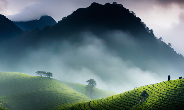 An image showcasing the journey of Oolong tea, from lush tea gardens nestled amidst misty mountains, where skilled tea farmers handpick delicate leaves, to traditional tea factories where leaves are meticulously processed and packaged for enthusiasts worldwide