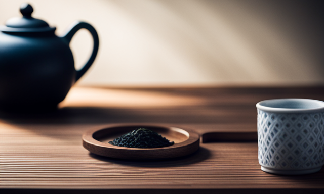 an image of a minimalist wooden tea tray with a small ceramic tea pot, surrounded by neatly arranged Oolong tea leaves in a glass jar, and a delicate porcelain tea cup placed beside it