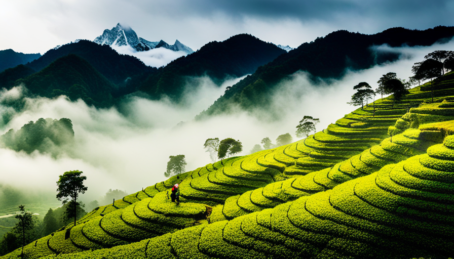 An image showcasing the lush, terraced tea gardens nestled in the rolling hills of the Himalayas
