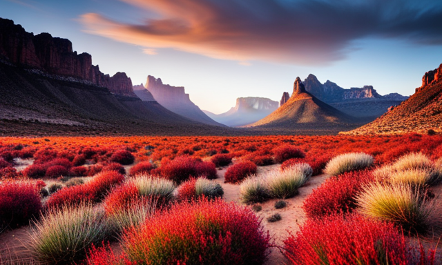 An image showcasing a vast, picturesque landscape of the Cederberg Mountains in South Africa, adorned with indigenous shrubs and vibrant red rooibos plants thriving amidst the rocky terrain
