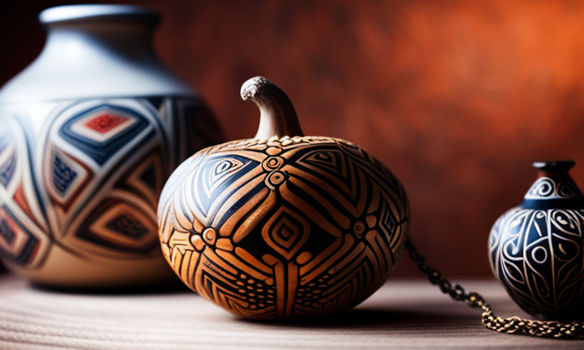 An image showcasing a traditional gourd filled with yerba mate leaves, surrounded by indigenous South American patterns and symbols, evoking the rich cultural heritage and origins of the yerba mate ceremony