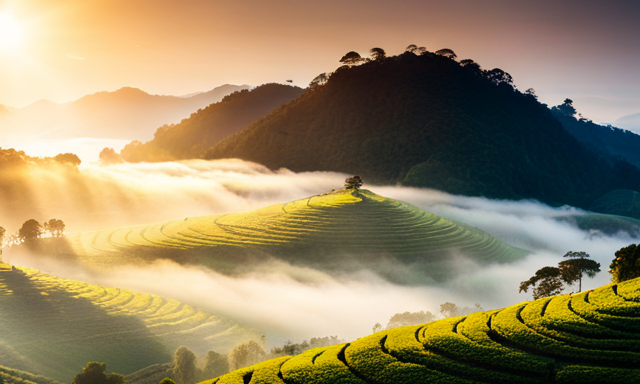 An image showcasing a lush, terraced mountainside with a serene tea plantation