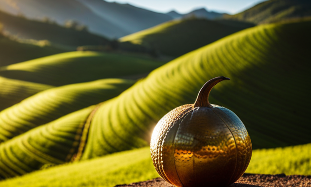 An image showcasing the verdant hills of South America, bathed in golden sunlight, with a traditional gourd and bombilla nestled amidst lush yerba mate plantations, emanating an earthy aroma