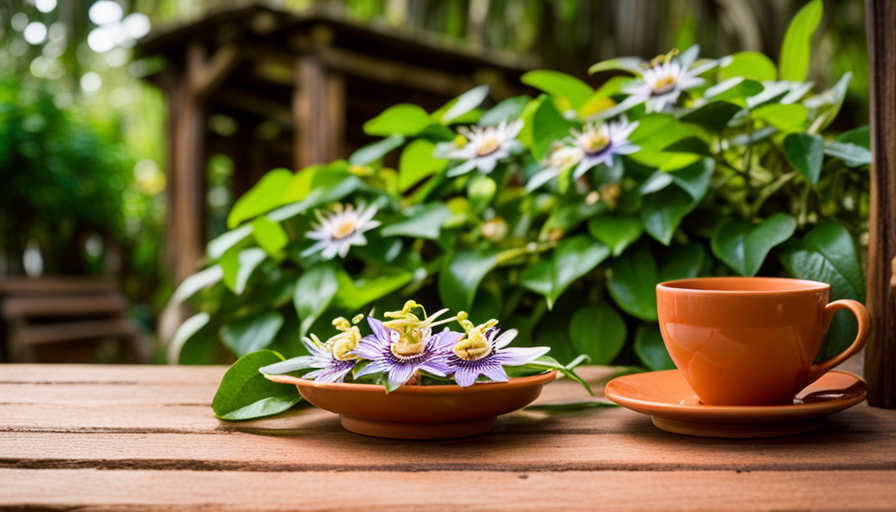 An image of a serene garden scene, with vibrant passion flower vines gracefully climbing a rustic wooden trellis