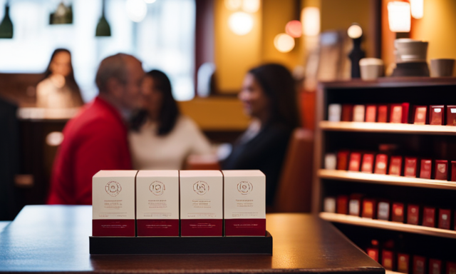 An image showcasing a serene tea shop in Cincinnati, with shelves filled with vibrant red Rooibos tea boxes, a knowledgeable tea sommelier assisting a customer, and cozy seating areas for tea enthusiasts to relax and enjoy their brew