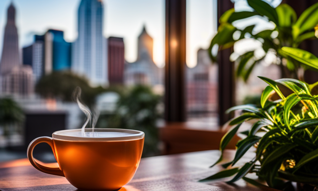 An image showcasing a serene tea lounge in Jacksonville, Florida, adorned with lush indoor plants, cozy seating, and a beautiful display of Rooibos herbal tea varieties, enticing tea enthusiasts to explore the city's tea scene