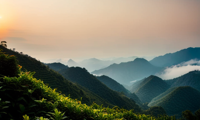 An image showcasing the lush and misty mountains of Taiwan, adorned with neatly terraced tea plantations