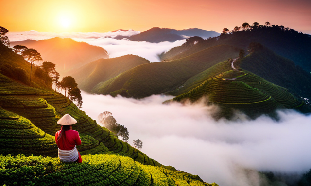 An image showing lush, terraced tea plantations nestled in misty, mountainous landscapes
