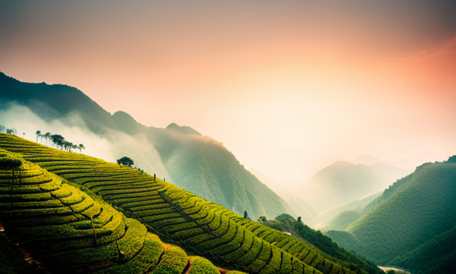 An image showcasing the picturesque tea gardens of China's Prince of Peace Oolong tea