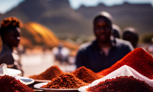 An image showcasing a bustling South African market stall, adorned with vibrant red-hued Rooibos tea packages