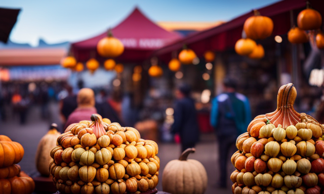 An image showcasing a vibrant marketplace, filled with colorful stalls adorned with stacks of traditional gourd-shaped containers, brimming with aromatic yerba mate