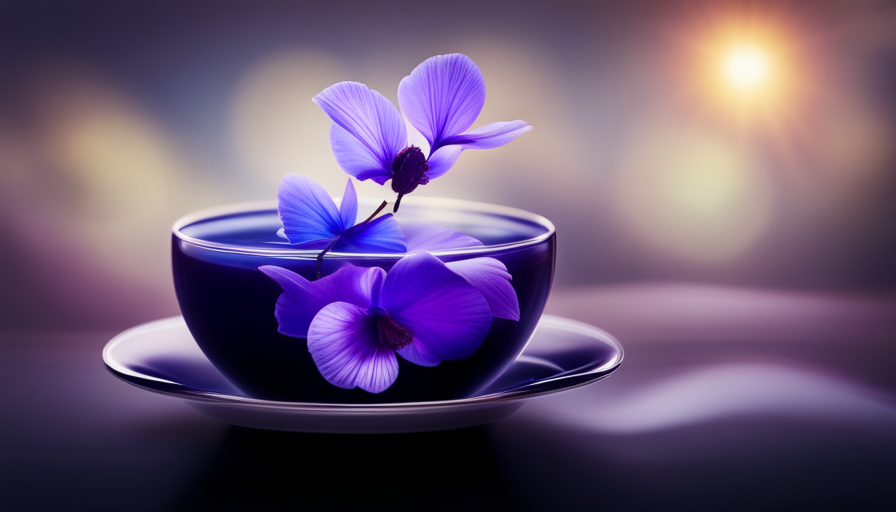 -up shot of a vibrant blue teacup filled with freshly brewed butterfly pea flower tea, adorned with delicate purple petals floating on the surface, and a steam rising gracefully from the cup