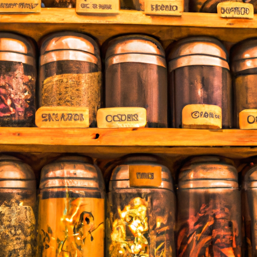 An image showcasing a cozy tea shop with rustic wooden shelves adorned with an array of chicory herbal tea canisters, their vibrant earthy colors and enticing labels enticingly on display