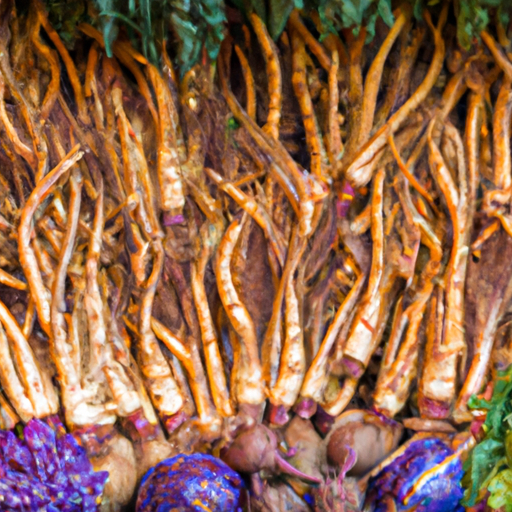An image showcasing a vibrant farmers market stall, adorned with a colorful array of fresh chicory root bunches
