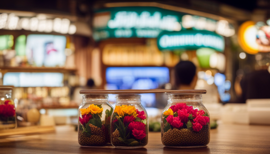 An image showcasing a quaint tea shop in Singapore, adorned with vibrant flower-filled displays