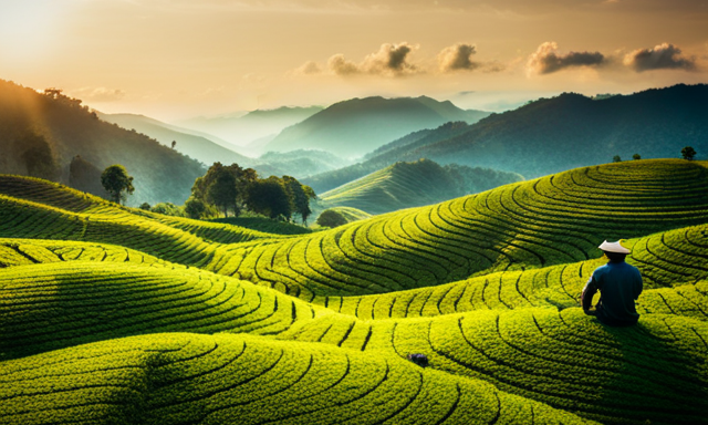 An image showcasing a serene tea plantation nestled amidst rolling hills, with lush green tea leaves being carefully hand-picked by skilled farmers