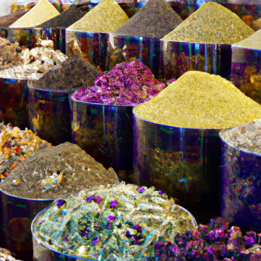 An image showcasing a vibrant, bustling farmers market, brimming with shelves of aromatic herbs and spices