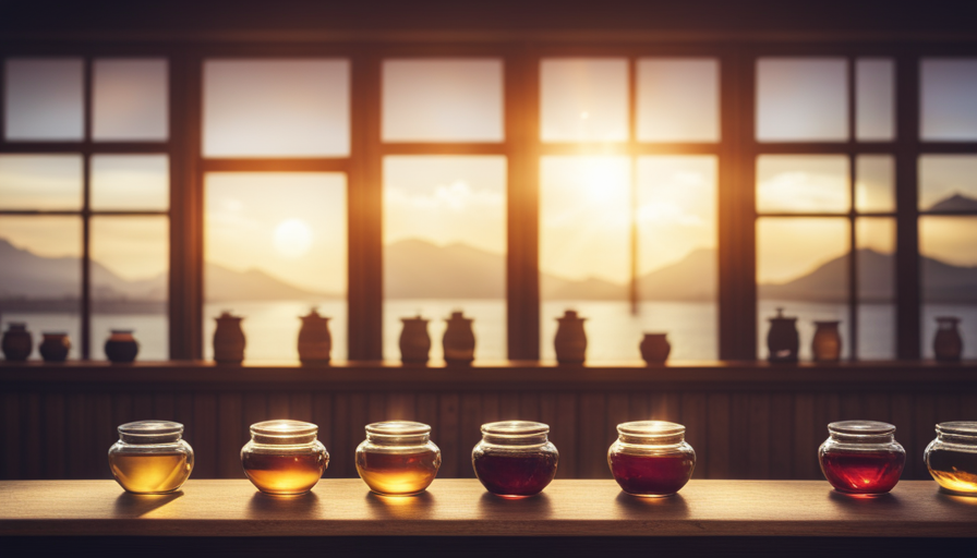 An image showcasing a serene tea shop with shelves adorned with colorful, aromatic jars of delicate jasmine flower tea