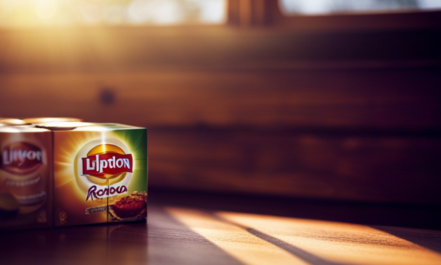 An image showcasing a cozy wooden shelf adorned with neatly arranged boxes of Lipton Rooibos Tea