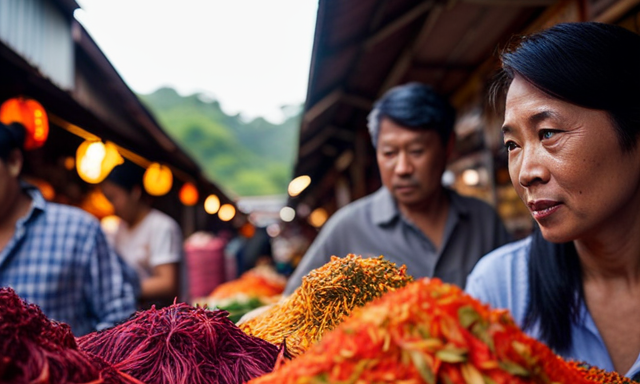 An image capturing the vibrant atmosphere of a bustling Filipino market, with locals and tourists alike exploring stalls adorned with colorful packages of aromatic Oolong tea leaves from various regions, inviting viewers to embark on a sensory tea journey