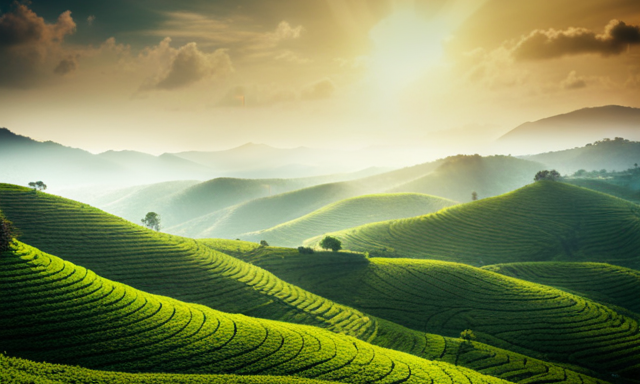 An image showcasing a serene tea plantation nestled amidst rolling hills, with lush green oolong tea leaves carefully hand-picked by farmers, capturing the essence of where to buy oolong tea leaves