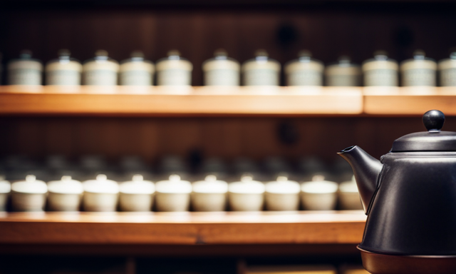 An image capturing the serene ambiance of a traditional tea shop, adorned with wooden shelves displaying a vast array of carefully packaged Oolong tea leaves