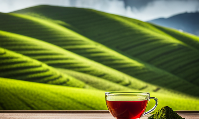 An image showcasing an inviting and vibrant display of rich, red rooibos tea leaves in one corner, and luscious green matcha powder in the other, with a background of serene tea plantations