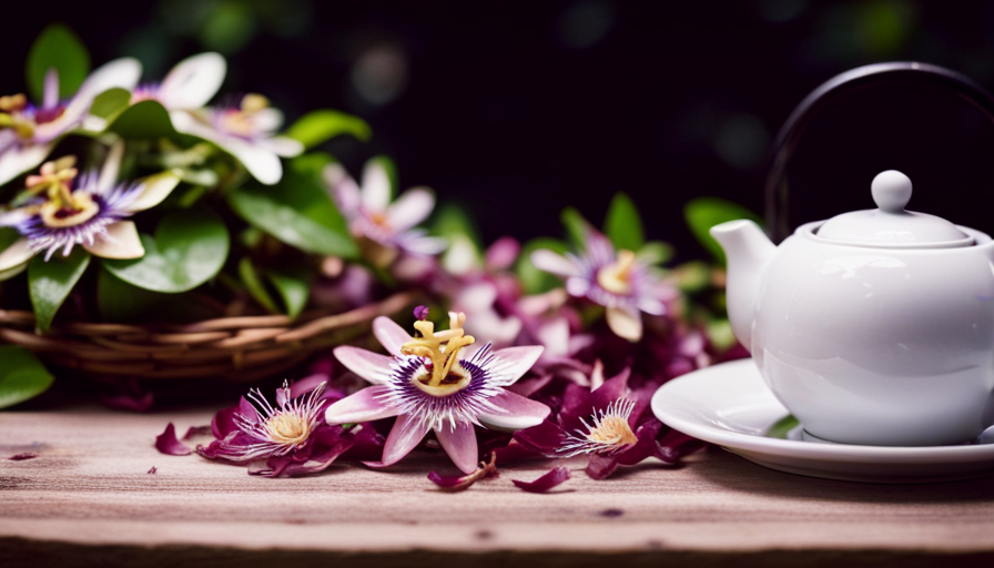 An image showcasing a tranquil garden scene, with vibrant passion flowers cascading from a trellis