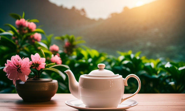 An image depicting a serene tea garden, adorned with lush peach trees and delicate oolong tea leaves
