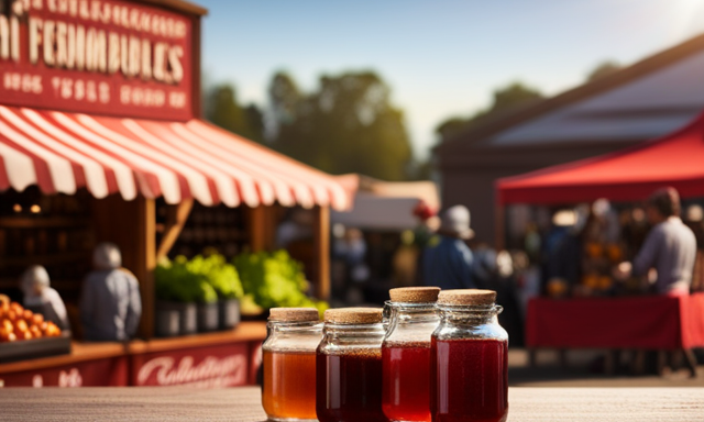 An image showcasing a bustling farmers market, vibrant with colors of fresh produce, while a vendor enthusiastically pours ruby-red Rooibos Kombucha from a wooden barrel into elegant glass bottles, enticing customers with its refreshing appeal
