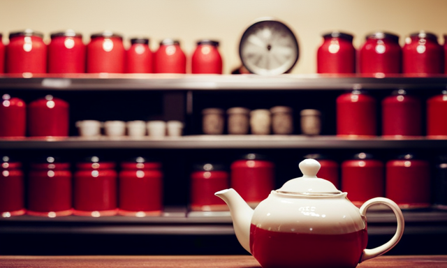 An image showcasing a cozy tea shop, adorned with shelves of vibrant red canisters filled with aromatic Rooibos tea, inviting customers to indulge in the rich flavors of this South African delight