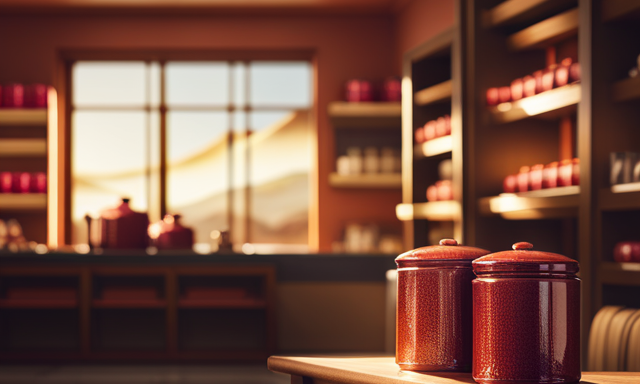 An image showcasing a cozy corner in a specialty tea shop, adorned with shelves displaying a vast selection of vibrant Rooibos tea canisters