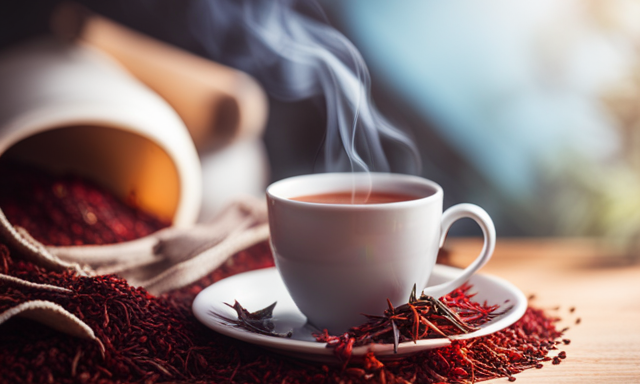An image that showcases a delightful scene of a cozy kitchen with a steaming cup of Tazo Vanilla Rooibos Tea placed on a rustic wooden table, surrounded by vibrant vanilla pods and aromatic rooibos leaves