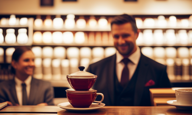 An image that showcases a vibrant, cozy teashop with shelves filled with neatly arranged canisters of aromatic Tealeaves Vanilla Rooibos Tea, while a knowledgeable tea sommelier assists a customer with a smile
