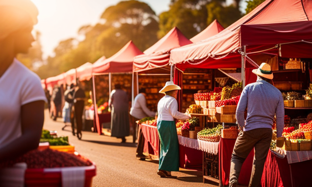An image featuring a vibrant, bustling farmers market with a myriad of stalls showcasing baskets overflowing with fresh, unfermented red rooibos tea leaves