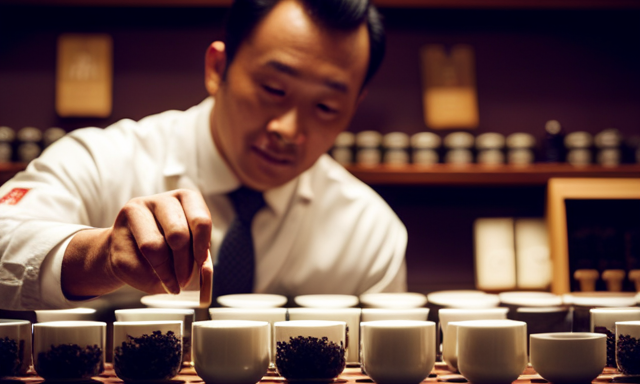 An image showcasing a vibrant tea shop, adorned with wooden shelves displaying an array of aromatic Wu Yi Oolong tea leaves in various sizes and hues