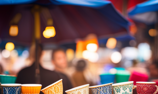 An image showcasing a vibrant marketplace, filled with diverse stalls displaying an array of beautifully crafted yerba mate cups